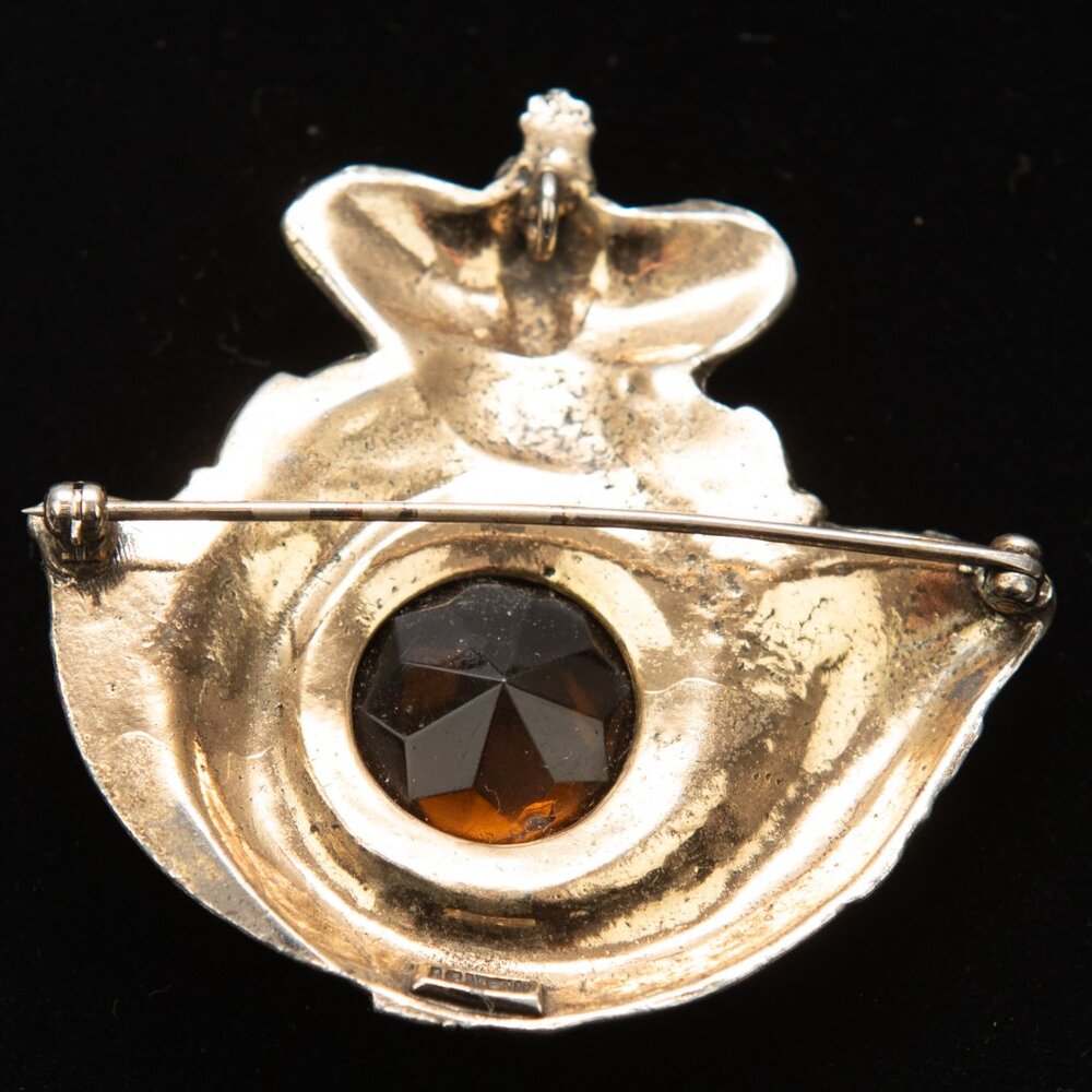 Agnew French Horn Crown Pendant Pin Amber Faced Stone Vintage Bronze - Picture 5 of 7